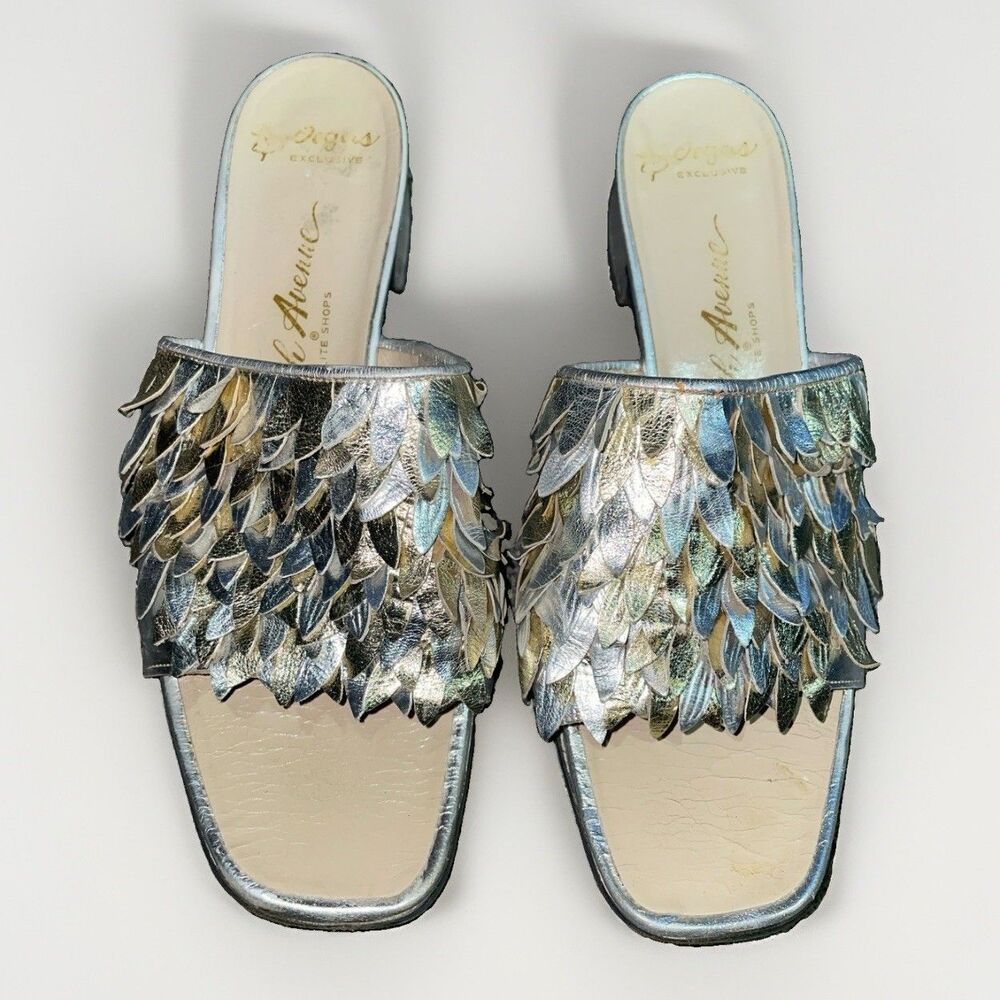 Vintage Saks Fifth Avenue Silver Metallic Leaf Mule Sandals Heel 7 Made In Italy